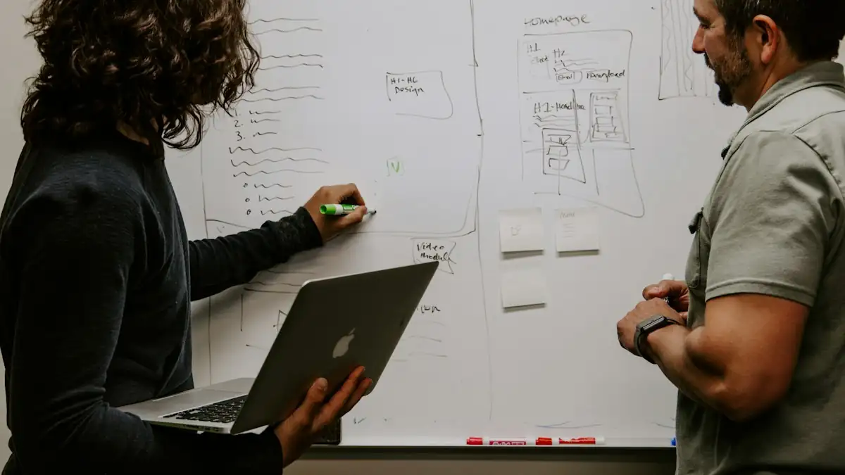 A consultant and a client mapping a system on a whiteboard